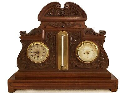 1880 English Victorian Carved Walnut Mantel Barometer Clock Dring & Fage London