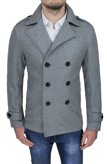 Cappotto Giacca Uomo Invernale Grigio Slim Fit Giubbotto Trench Doppiopetto