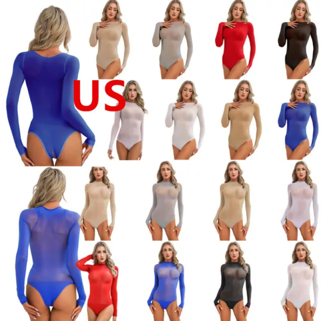 US Womens Leotard Glossy Mesh Semi See-through One Piece Round Neck Long Sleeve