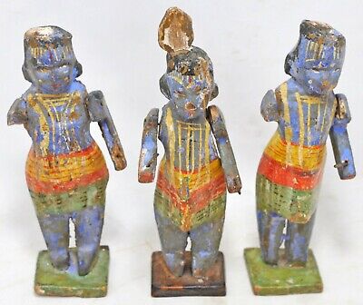 Vintage Lot of 3 Wooden God Krishna Figurine Idol Original Old Hand Carved Paint