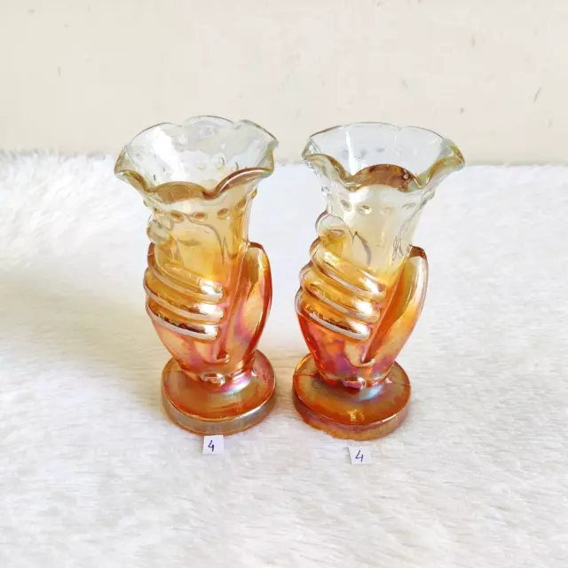 1920s Vintage Marigold Carnival Glass Flower Vase Pair Hand Shape Design GV143