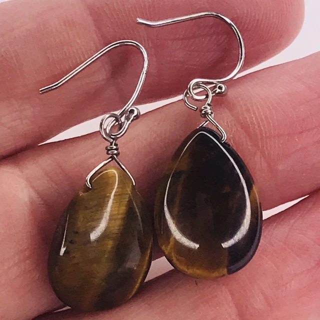 Gemstone Teardrop Dangle Earrings Brown Tigers Eye Hook Stamped Sterling 925
