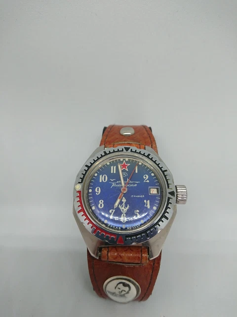 VOSTOK Komandirskie Orologio Automatico Uomo 24h: Polso Militare Russo WR 200m | Modello 650853 Quadrante Blu 41mm - 4