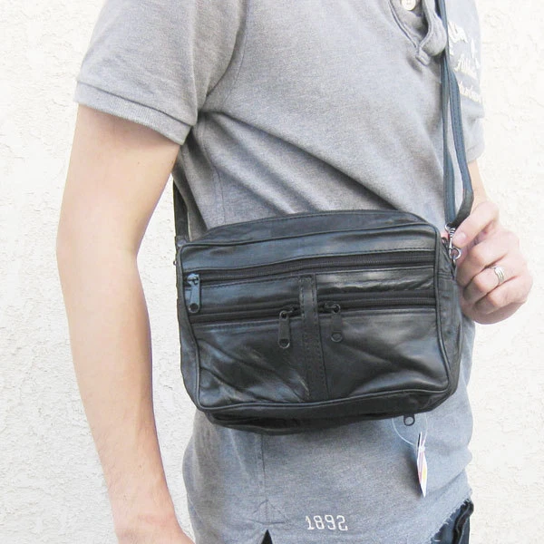Black Leather Mens Messenger Travel Passport Phone Organizer Cross body Handbag