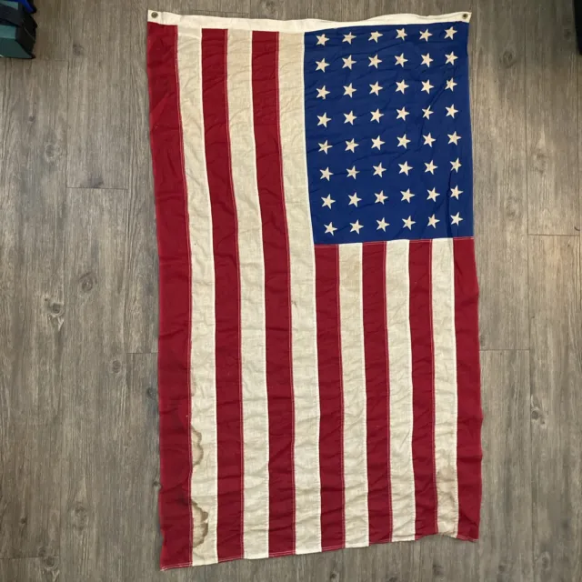 Vintage WW 2 Era 48 Star Linen American US Flag Distressed 54 x 34” Sewn Stripes