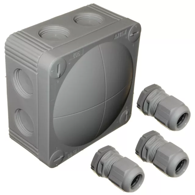 Wiska Grey 308/5 Combi Junction Box with 3 x IP68 20mm Cable Glands Waterproof