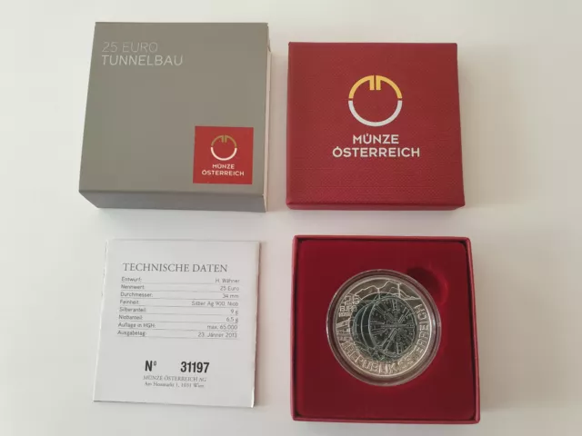 25 Euro Silber-Niob-Münze Österreich 2013, Tunnelbau, Handgehoben OVP mit Folder