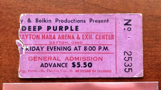 DEEP PURPLE Concert Ticket Stub May 26, 1972 Dayton, Ohio - BLACKMORE / GILLAN