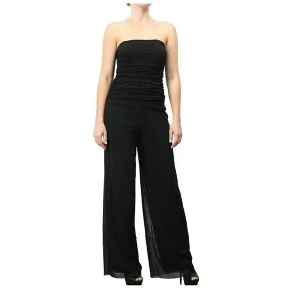 Elana Kattan Womens Blue Nylon Strapless Ruched Mesh Bodice Wide Leg Jumpsuit M