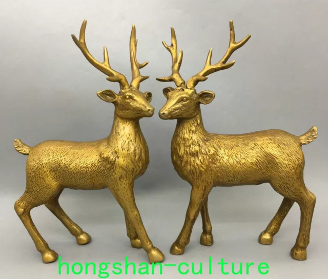 7.8" Old China Pure Bronze Gold Feng Shui Animal Sika Deer Buck Statue Paire