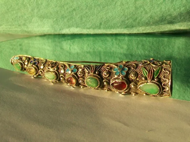 Chinese Antique Sterling Silver Jade & Tourmaline Fingernail Guard Pin 2