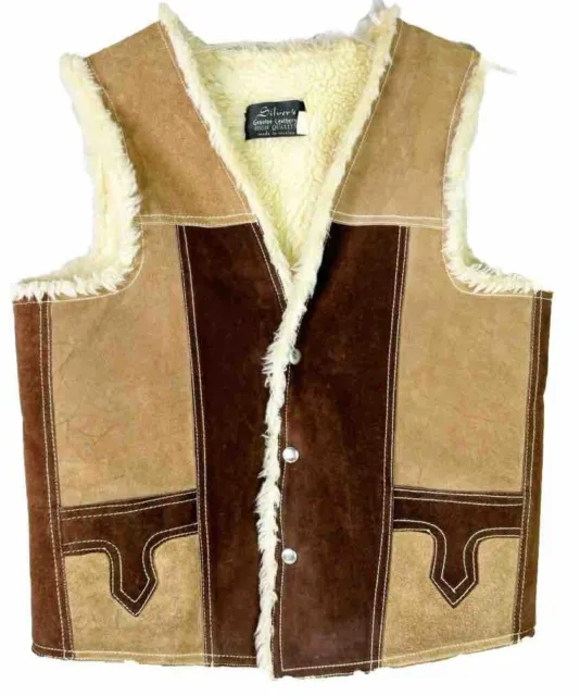 VTG Silver's Two-toned Leather Sherpa Snap Vest Sz 38 (XL?) Mexico GUC