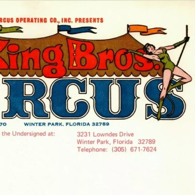 Scarce King Bros. Circus Letterhead c1960's-70's - Clown 3-Ring Big Top