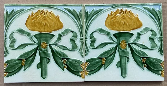 Belgium  Antique Art Nouveau Majolica 2 Tiles Set C1900
