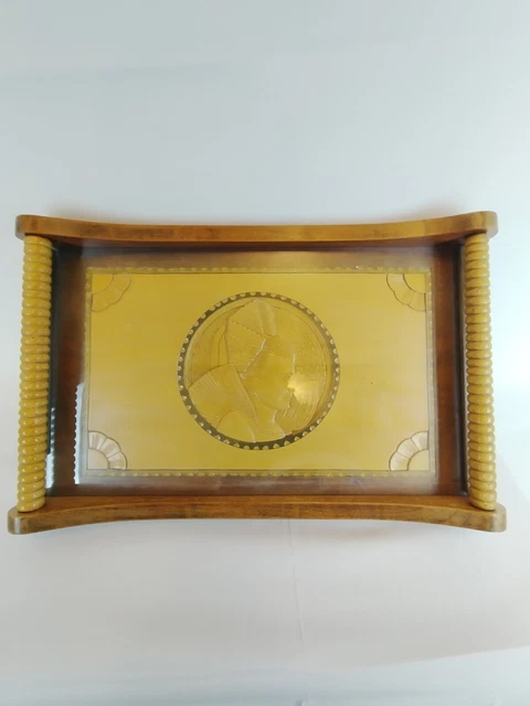 Plateau De Service Ancien Bois Et Verre - Motif Blanche-Neige - Bon état