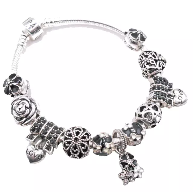 PANDORA SILVER BRACELET WITH PINK FLOWERS & CRYSTAL EUROPEAN CHARMS & GIFT  BOX!
