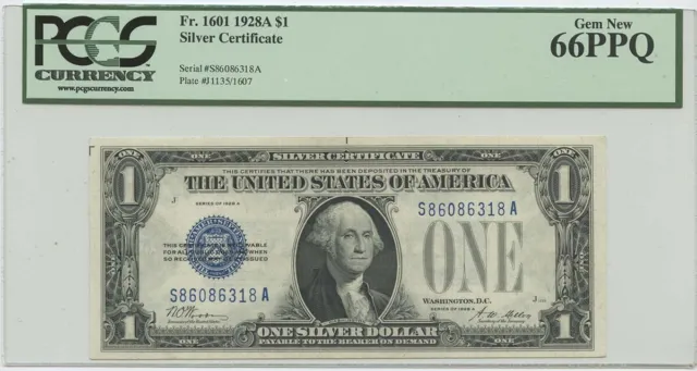 1928A $1 Silver Cert FR#1601 PCGS 66 Gem New PPQ