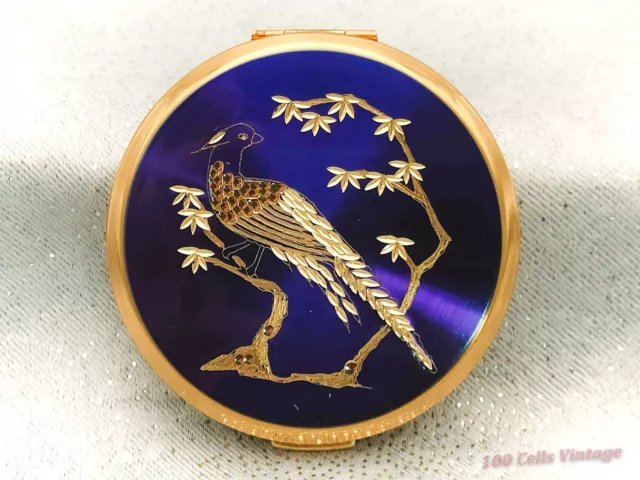 Metallic Blue & Gold Pheasant/Bird-Stratton Vintage Ladies Powder Compact-8cm