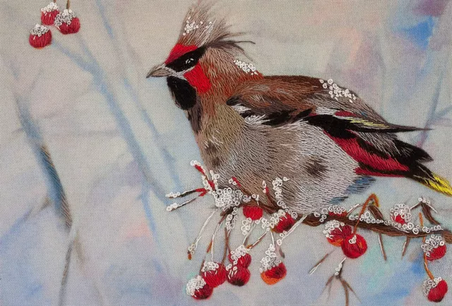 "Waxwing"  Living Picture Printed Ribbon Embroidery Cross Stitch Kit  JK-2028