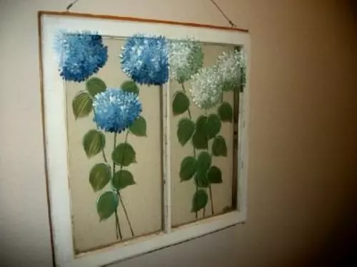 Antique Double Pane Window Sash Architectural Salvage Hp Hydrangeas Upcycled Art