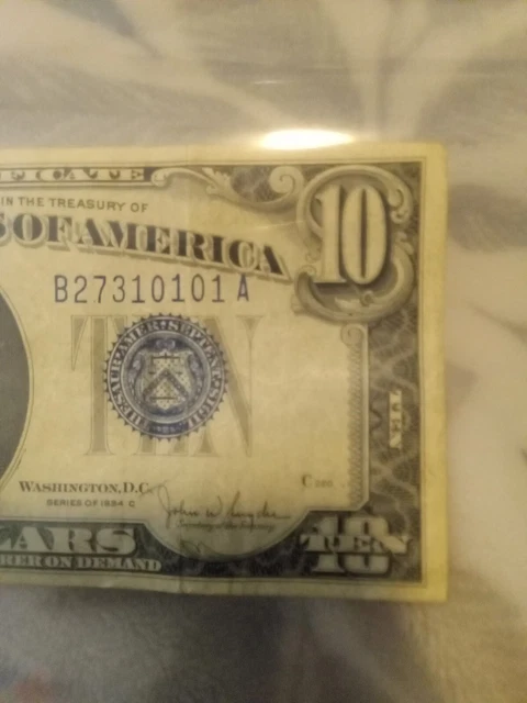 1934 C $10 Ten Dollar Silver Cert Blue Seal Rare Mule Note. Last 5 Ser.#10101 2
