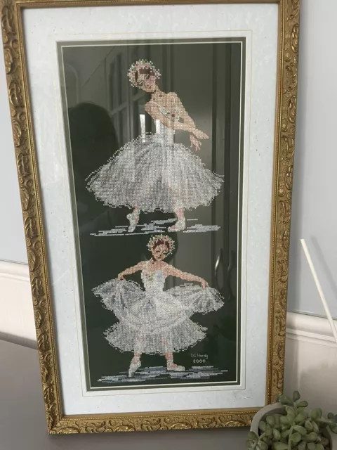 Vintage Needlepoint Tapestry 2 Ballerinas On Green Canvas In Heavy Gold Frame