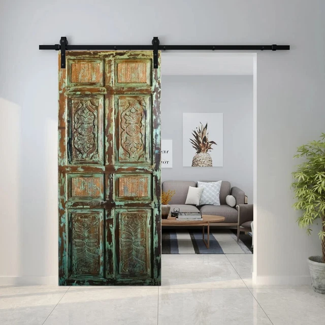 Vintage Rustic farmhouse Barn Door, Green Reclaimed Wood Door Panel Bedroom Door