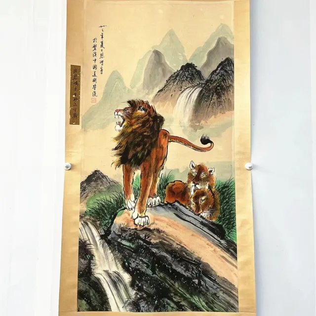 Old Chinese 100% Hand painted Painting Scroll Lion by Xu Beihong徐悲鸿 狮子