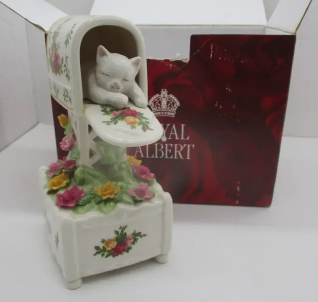 Royal Albert Old Country Roses Musical Mailbox With Kitten Mint in Box Works