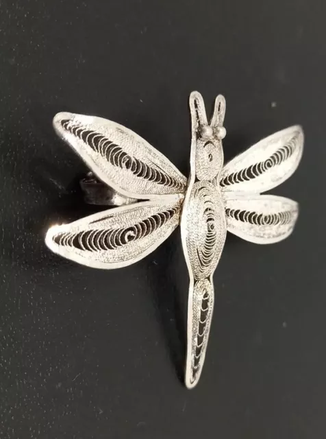 Vintage Solid Sterling Silver HANDMADE FILIGREE DRAGON FLY BROOCH 50x50mm  6gs