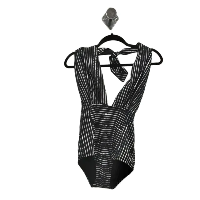 Cocoship Black And White Striped Halter Tie Neck Bathing Suit Size XL