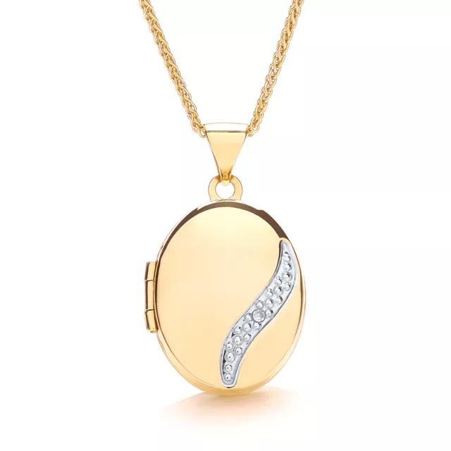 Real Diamond Oval Locket 9ct Yellow Gold 18" Chain Hallmarked