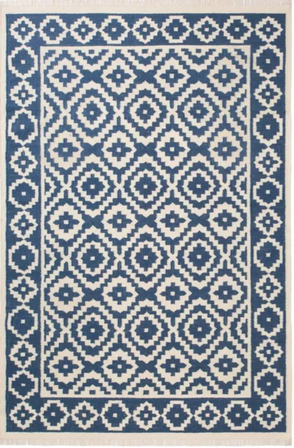 Large Samarkand Kilim Rug Blue Indigo Cream Geometric Wool Hand Crafted India