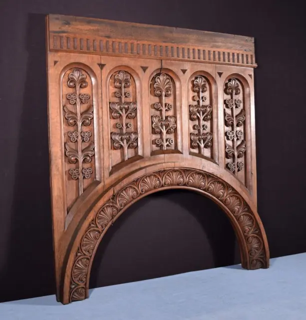 *Large French Antique Gothic Carved Arched Panel in Solid Oak Wood with Flowers