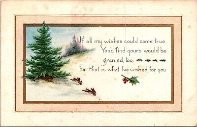 Christmas Greetings Snowy Scenic View Rabbits Holly c1922 Whitney Made Postcard