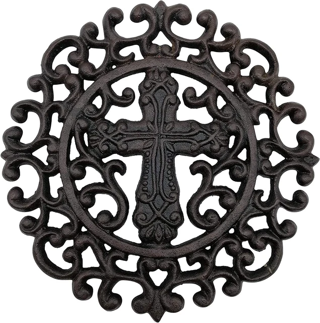Comfy Hour Antique and Vintage Collection Cast Iron Round Cross Trivet 9  D Blac