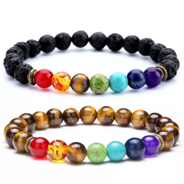 7 Chakra Healing Beaded Natural Lava Stone Tiger Eye Beads Bracelet Yoga Jewelry