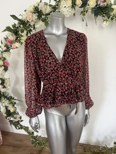 Influence Chiffon Floral Blouse Top Size 10 & 12 Black Pink Wrap Front New MO92