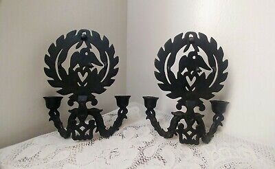 Vintage Cast Iron Double Arm Wall Sconce Candlestick Holders Pair Eagle Heart 3