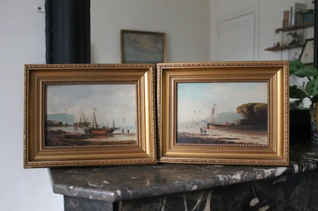 Paire de peinture à l'huile représentant une scène marine sur les côtes français