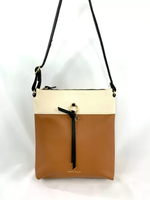 Nanette Lepore Cream Brown Color Block Pebbled Faux Leather Crossbody Bag Purse