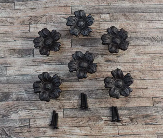6 pcs Vintage Cast Iron Knobs Flower Drawer Cabinet Door Kitchen Pulls Handles
