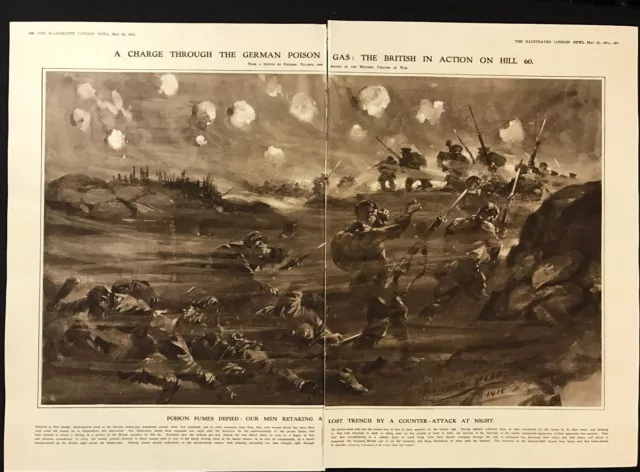 1915 2-Page Newspaper Illustration, German Gas, British in Action Hill 60