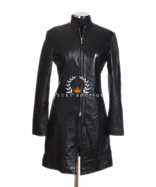 Carrie Black Ladies Smart Designer Knee Length Real Lambskin Leather Jacket Coat
