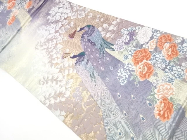 5265183: Japanese Kimono / Vintage Fukuro Obi / Woven Peacock & Arabesque