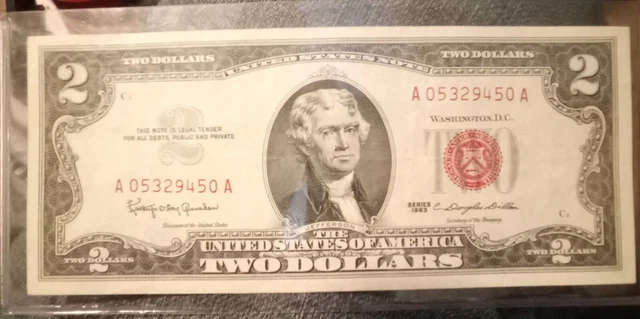 1963 Two Dollar Bill Red Seal Legal Tender $2 Note AU / UNC CRISP Uncirculated