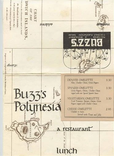 Buzz's Polynesia Lunch Menu Coconut Plantation Kauai Hawaii TIKI