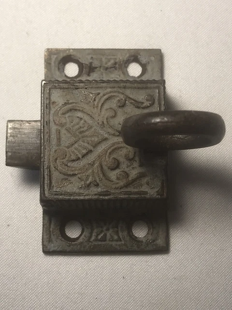 Vintage Cast Iron Ring Pull Cabinet Latch~Spring Loaded~Ornate~Works Perfectly