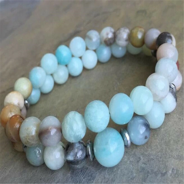 2pcs 8mm Amazonite Gemstone mala Bracelet 7.5 inches Lucky Sutra Bless Energy