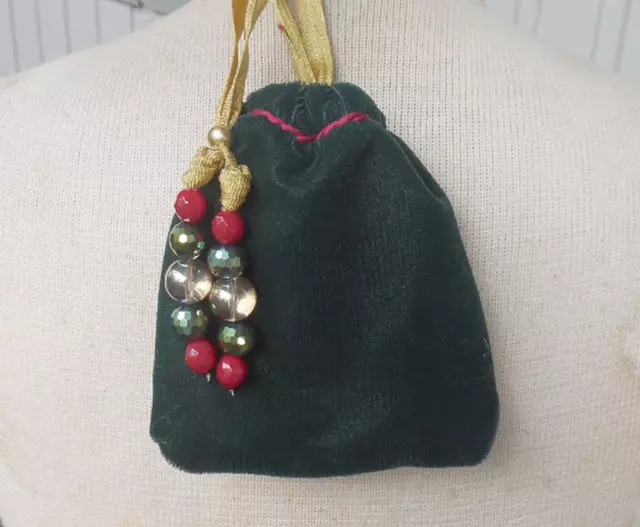 Reversible Forest Green, Red Velvet Drawstring Rasta Bag Pouch Wristlet Purse